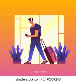 Time to travel. Summer Vacation. A Treveller in an airport. Around the world. Vector flat modern illustration.