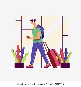 Time to travel. Summer Vacation. A Treveller in an airport. Around the world. Vector flat modern illustration.