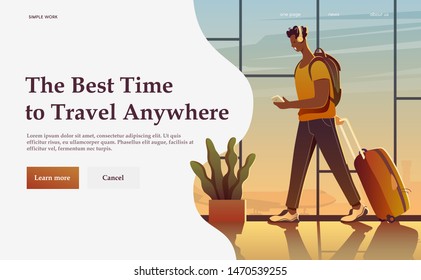 Time to travel. Summer Vacation. A Treveller in an airport. Around the world. Vector flat modern advertising banner.