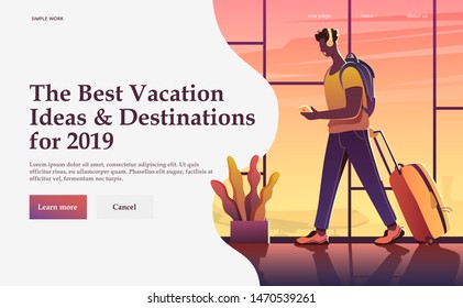 Time to travel. Summer Vacation. A Treveller in an airport. Around the world. Vector flat modern advertising banner. Sunset.