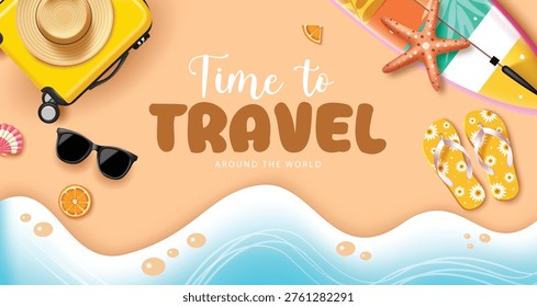 Time to Travel Summer Vacation Vector Banner with Yellow Suitcase Summer Hat and Beach Accessories