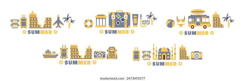 Time to Travel and Summer Vacation Wanderlust Flat Object Vector Set