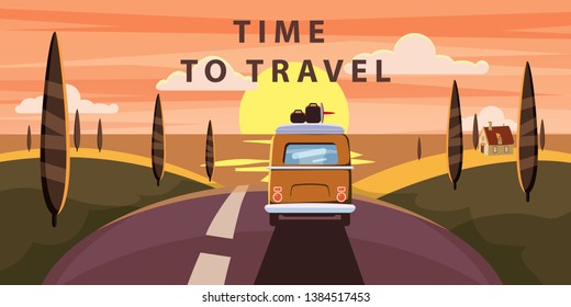 Time to travel. Sunset Van camper, bus on the road goes to the sea for a summer vacation. Holiday season vacation at sea. Travel leisure background. Template banner advertising, retro, vintage. Vector