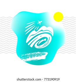 Time to travel. Template concept image for banner, poster, flyer. Silhouette of stylized airplane, mountain and road with abstract sun and spot. Logo for travel agency, tour bureau.
