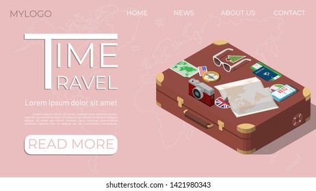 
Time to travel template. Contains a suitcase, camera, passport with an air ticket, world map, mobile phone, compass. Can be used for web banner, website, advertising. Isometric vector illustration.