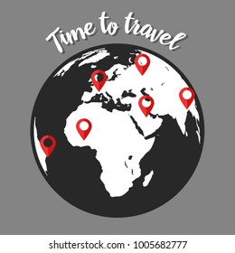 Time to travel template. Flat design of world map or Earth. Around the world travelling concept. Flat cartoon style. Vector illustration.