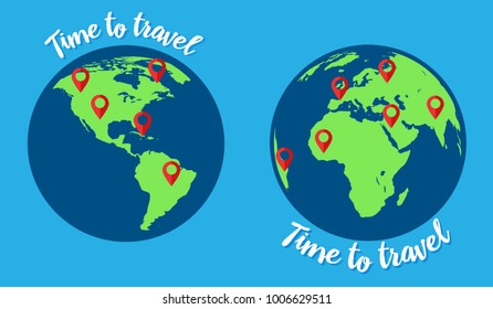 Time to travel template. Flat design of world map or Earth. Around the world travelling concept. Set of globes. Flat cartoon style. Vector illustration.