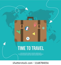 Time to travel template web design background with bag,passport, maps illustration