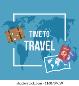 Time to travel template web design background with bag,passport, maps illustration