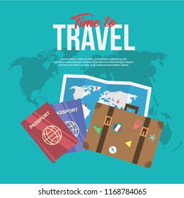 Time to travel template web design background with bag,passport, maps illustration
