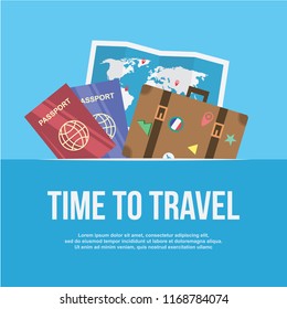 Time to travel template web design background with bag,passport, maps illustration