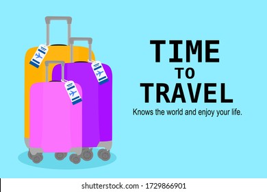 Time to Travel text. The 3 Luggages with different size has color pink, purple and orange. Suitcase with airline tag. around the World, Road trip vacation. Tourism, Journey, family together concept. 