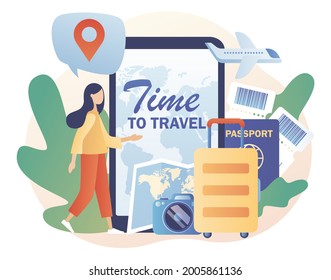 Time To Travel - Text On Smartphone Screen. Trip To World. Road Trip. Tiny Girl Planning Vacation. Tourism. Tour. Suitcase, World Map And Tourism Set. Modern Flat Cartoon Style. Vector Illustration