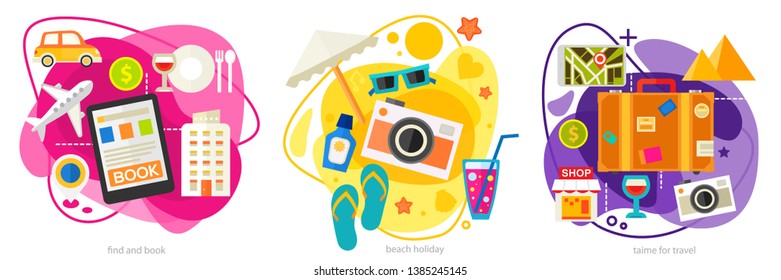 Time for travel three concept banners. Trendy ameoba style, vector illustrations. 