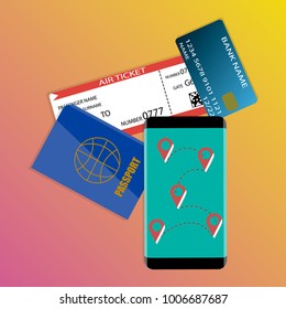 Time to travel. Ticket for airplane, credit card, smartphone and foreign passport.