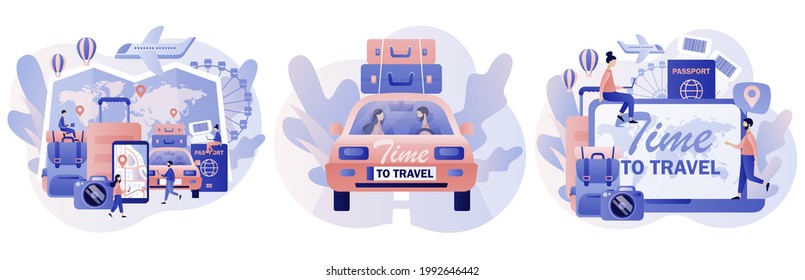 Time to travel. Tourism. Trip to world. Road trip. Tour. Tiny people planning vacation. Suitcase, world map and tourism set. Modern flat cartoon style. Vector illustration on white background