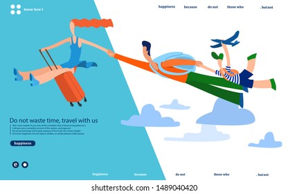 Time to travel, tourism.Girl with a suitcase and a family in her hand flies on a trip,    