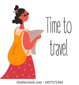 Time to travel. Tourist hipster girl with map. Young european looking woman in sunglasses with backpack , bag holds paper map and ready for euro trip. Flat vector illustration