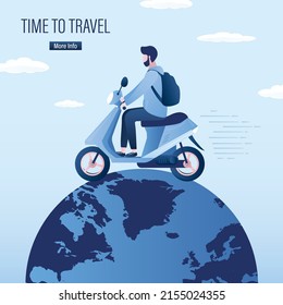 Time to travel. Tourist man drive motorbike. Worldwide, global travel. Man driver with backpack rides bike. Freedom, concept. World tourism. Transportation banner. Flat vector illustration