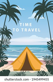 Time to travel. Tourist tent camping on the tropical beach, palms. Summer vacation coastline beach sea, ocean, travel