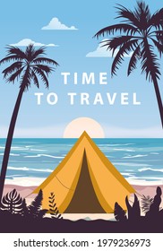 Time to travel. Tourist tent camping on the tropical beach, palms. Summer vacation coastline beach sea, ocean, travel