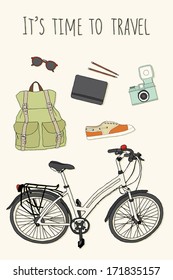 It's time to travel. Traveler's stuff: backpack, glasses, notebook and pencils, camera, shoes and bike.