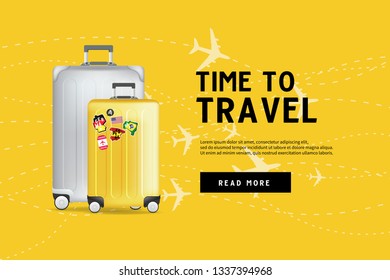 Time to travel. Traveling luggage bag banner template. Travel and tourism concept.