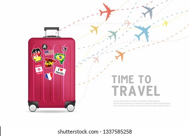 Time to travel. Traveling luggage bag banner template. Travel and tourism concept.