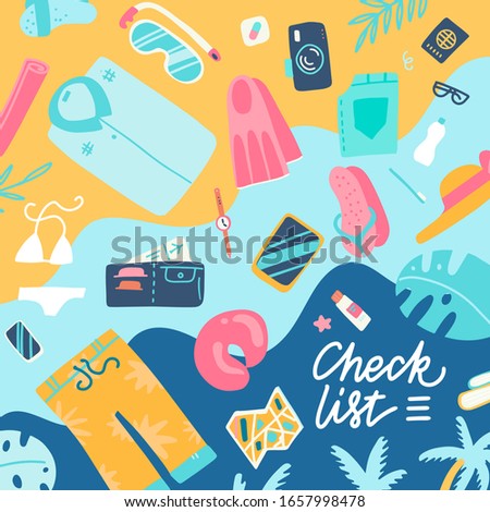 Time to travel, vacation, journey. Travel planning, preparing, packing check list. Camera,norkeling mask, ticket, passport, baggage, wallet swimsuit shoes shirt Top view Vector flat illustration Stok fotoğraf © 