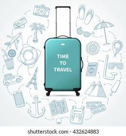 Time to travel, vacation planning concept illustration with realistic hand luggage suitcase and the set of tourism, journey, trip, tour, voyage, summer vacation doodle icons