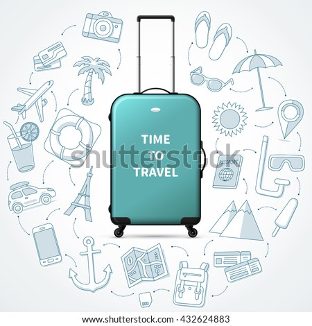 Time to travel, vacation planning concept illustration with realistic hand luggage suitcase and the set of tourism, journey, trip, tour, voyage, summer vacation doodle icons