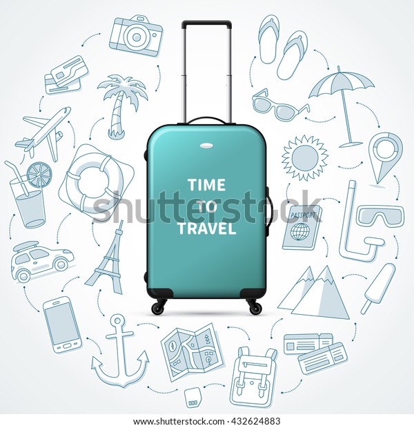 Time to travel,
vacation planning concept illustration with realistic hand luggage
suitcase and the set of tourism, journey, trip, tour, voyage,
summer vacation doodle
icons