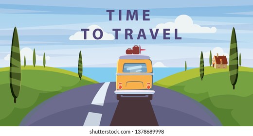 Time to travel. Van camper, bus on the road goes to the sea for a summer vacation. Holiday season vacation at sea. Travel leisure background. Template banner advertising, retro, vintage. Vector