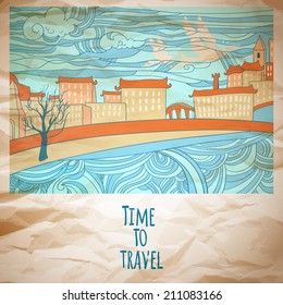 Time to travel vector abstract drawing card. Vintage sketch tourist illustration.