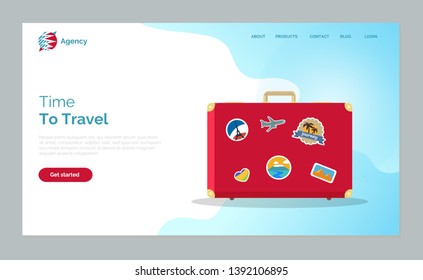 Time to travel vector, bag with countries and touristic landmarks and destinations. Baggage of red color with flags and Egypt ancient pyramids. Website or webpage template, landing page flat style