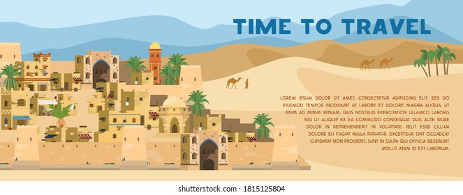 Time To Travel Vector Banner With illustration of Ancient Arabic Town In desert landscape with traditional mud brick houses, palms, camels.  Flat Design.