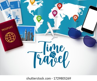 Time to travel vector banner template. Time to travel text in white space for messages with vacation trip and tour elements like world map, passport and ticket for holiday vacation in white background