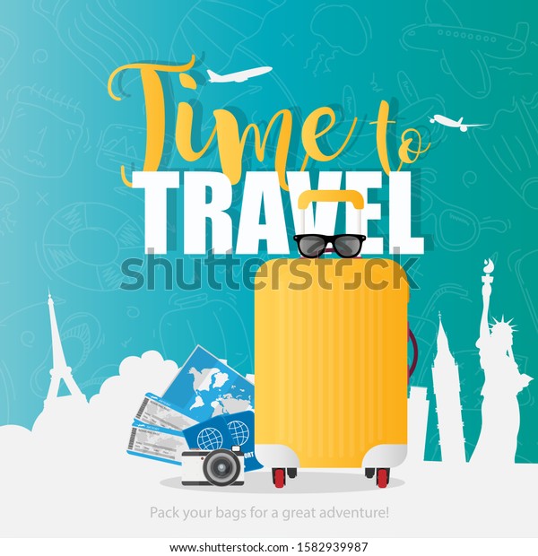 Time to travel vector banner. Yellow\
suitcase, tickets, passports, glasses, a camera. Colorful banner\
for tourism and travel\
advertising.