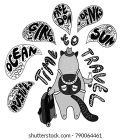 Time to travel vector card with cat and speech bubbles and words Adventure, Sun, Ocean, Freedom. Traveling and vacation inspiration poster. Black and white cartoon illustration.