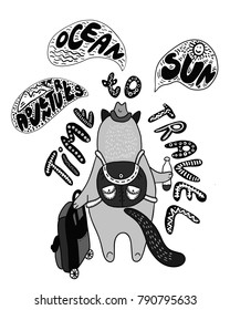 Time to travel vector card with cat and speech bubbles and words Adventure, Sun, Ocean. Traveling and vacation inspiration poster.