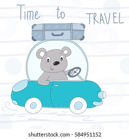 Time to travel vector card with cute teddi bear in the car. vector print.
