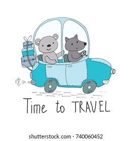 Time to travel vector card with cute teddi bear in the car. vector print.