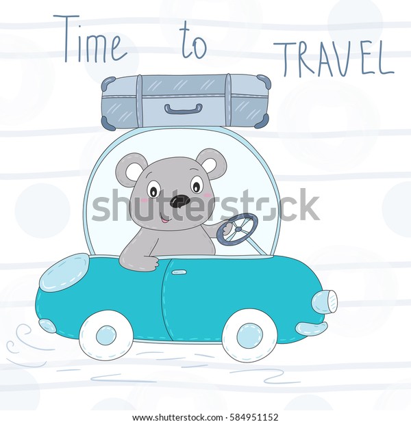 Time to travel vector card with cute teddi bear in\
the car. vector print.