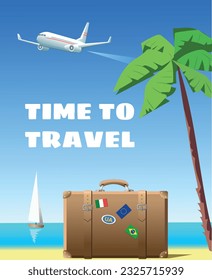 Time to travel vector design. Concept with airplane, suitcase, palm tree and sea coast