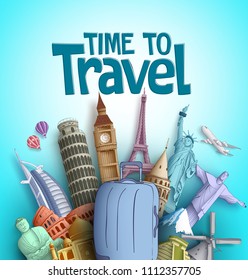 Time to travel vector design with famous tourism destinations and landmarks of the world and traveling bag element in blue background. Vector illustration.
