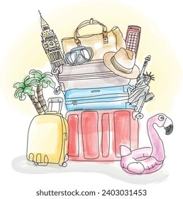 Hora de viajar ilustración de diseño de vectores. Destino de turismo de aventura.