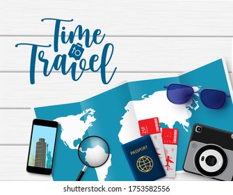 Time to travel vector design. Time to travel text in space with trip and tour travelling elements like world map, passport, ticket, camera and sunglasses in white wood texture background.
