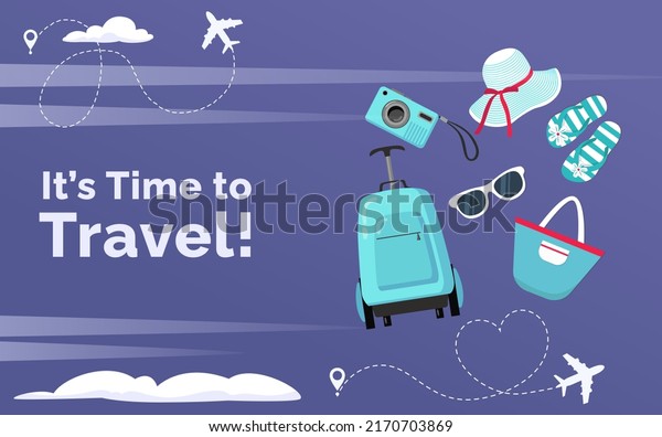 Time to travel vector design. Time to\
travel text in empty space with traveling elements like luggage,\
bags, woman hats, camera and sunglasses in violet background.\
Vector illustration.