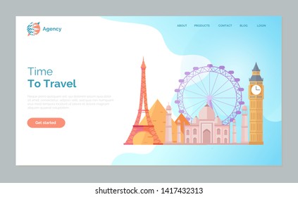 Time to travel vector, Eiffel tower in Paris destination in countries from whole world. Cultural heritage of India set Website or webpage template, landing page flat style