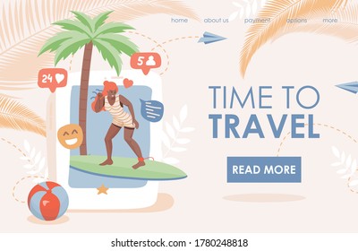 Time to travel vector flat landing page template. Young smiling woman in swimming suit doing summer activities, riding on surfboard. Summer vacation, sea resort website template.